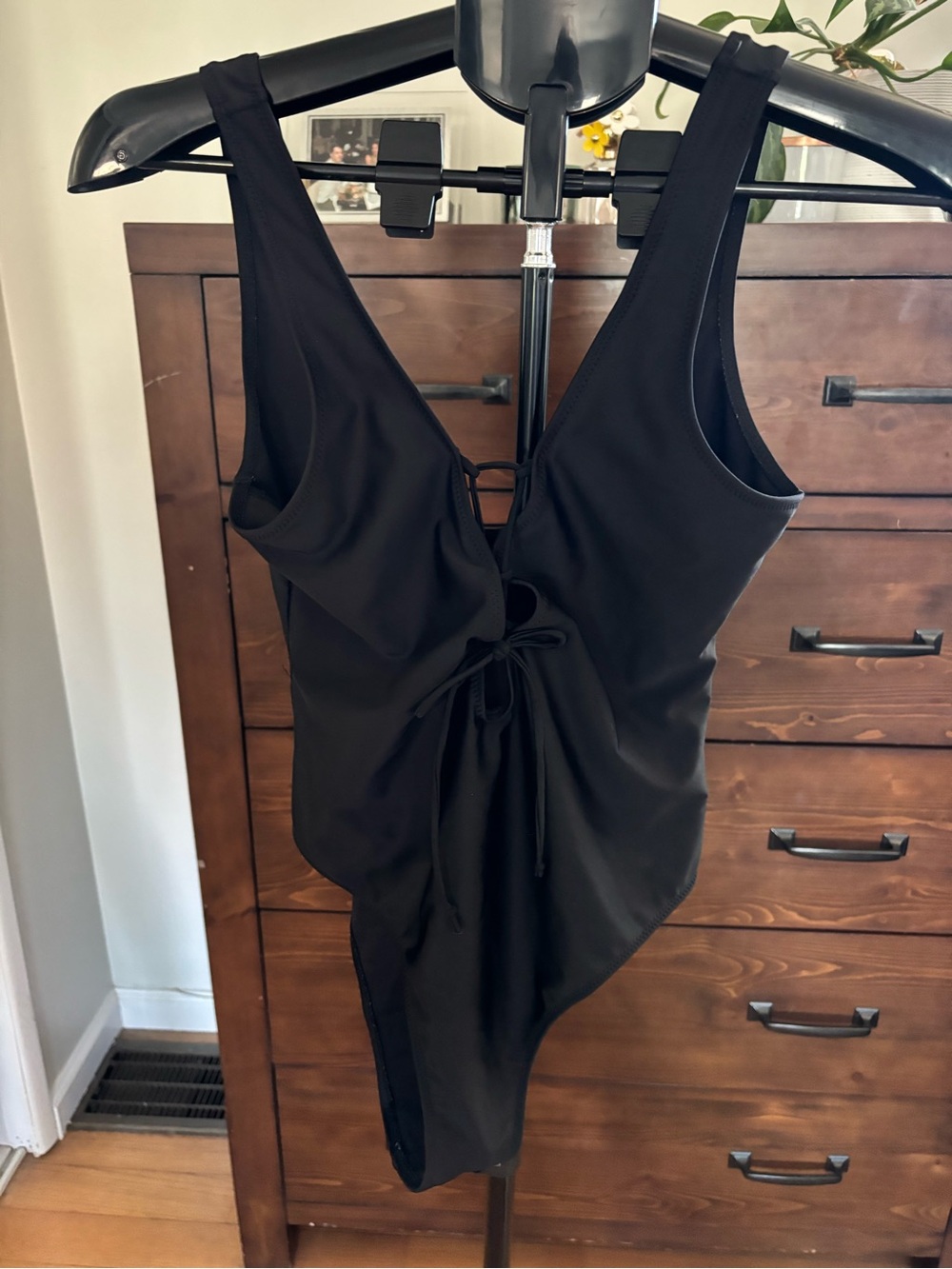 Black One-Piece Swimsuit with front cross tie